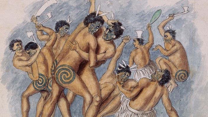 Die Zeichnung zeigt zehn nackte Männer, die zum Teil im Gesicht und am Gesäß tätowiert sind. Sie bekämpfen sich mit Beilen und Messern.