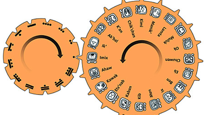 Schematische Darstellung eines Ritual-Kalenders der Maya. Ein großes und ein kleines Zahnrad mit Maya-Schriftzeichen greifen ineinander.