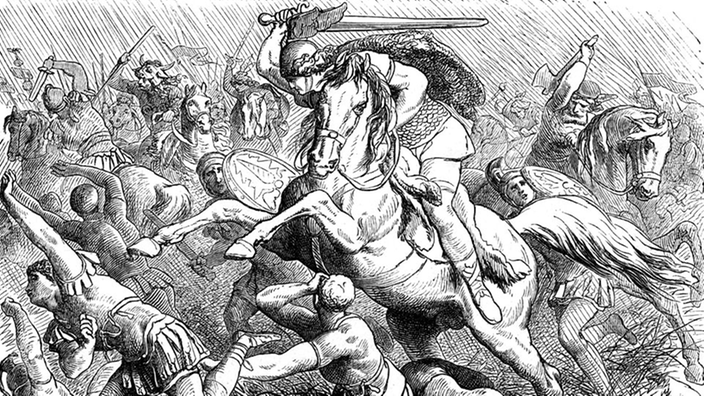 Historischer Stich: Arminius während einer Schlacht auf seinem Pferd.