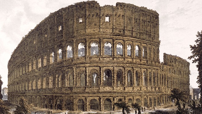 Lithographie: Außenansicht des Kolosseums in Rom