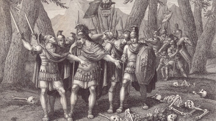 Schwarzweiß-Stich: Germanicus mit Soldaten