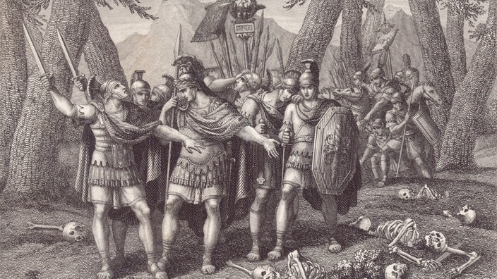 Schwarzweiß-Stich: Germanicus mit Soldaten | Bildquelle: AKG Schwarzweiß-Stich: Germanicus mit Soldaten