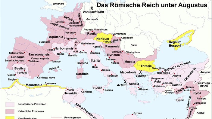 Eine Karte zeigt das Imperium Romanum  unter Kaiser Augustus