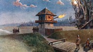 Gemälde: Limeswachturm bei Nacht, zu beiden Seiten eines Walles von römischen Soldaten kontrolliert