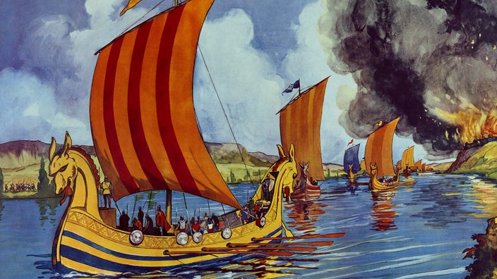 Schulwandbild: Eroberungszüge der Normannen mit Schiffen.