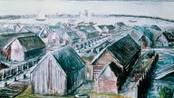 Aquarell von Haithabu - einst Hauptumschlagplatz für den Handel im Norden.