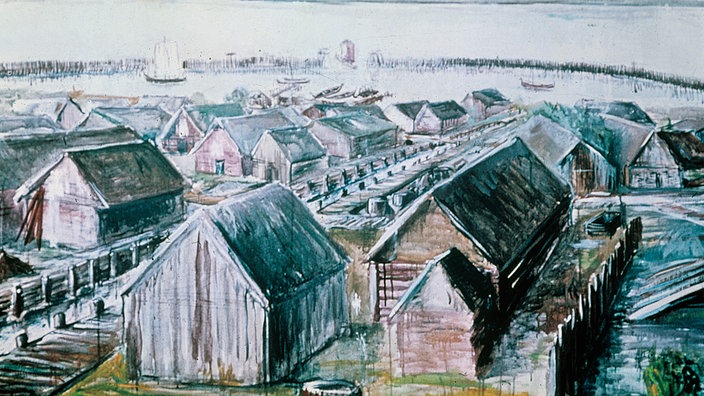Aquarell des Wikingerdorfs Haithabu | Bildquelle: akg-images Aquarell des Wikingerdorfs Haithabu