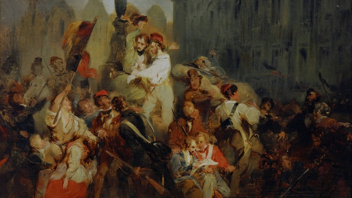 Historisches Gemälde der belgischen Revolution aus dem Jahr 1835 von Gustave Wappers. | Bildquelle: akg Historisches Gemälde der belgischen Revolution aus dem Jahr 1835 von Gustave Wappers.