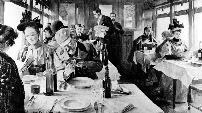 Zeichnung: Gäste dinieren im luxuriösen Speisewagen des Orient-Express im Jahr 1895.