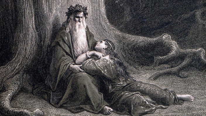 Kupferstich von Merlin und Viviane, die unter einem großen Baum sitzen.