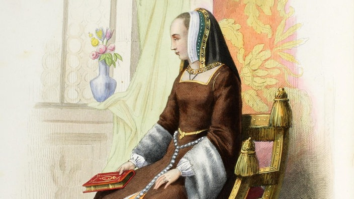 Kolorierter Stich von Anne de Bretagne auf einem Thron.