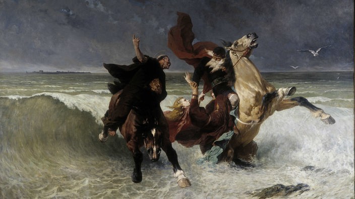 Gemälde: König Gradlon reitet durch Fluten und stößt seine Tochter Dahut vom Pferd. Daneben ein Mönch auf einem weiteren Pferd.