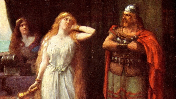 Gemälde von Tristan und Isolde. Sie mit weißem Kleid, er in ritterlichem Gewand.