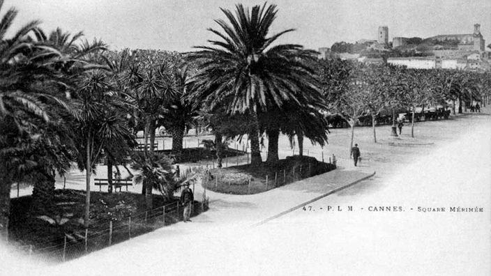 Das Schwarzweiß-Foto zeigt eine breite Promenade, umsäumt von Palmen. Im Hintergrund auf einem Hügel ein kleines Städtchen.
