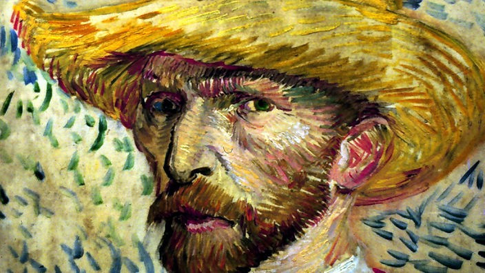 Ölgemälde: Porträt eines Mannes mit hagerem, scharf geschnittenem Gesicht. Er trägt einen Strohhut.