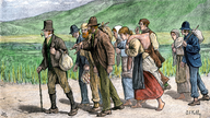 Auf einer Zeichnung sind insgesamt neun irische Auswanderer zu sehen, die ihre Heimat auf der Suche nach Arbeit in Richtung England verlassen.