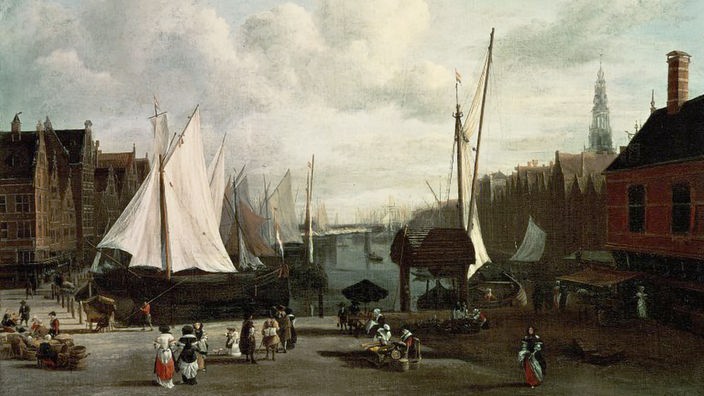 Gemälde: Hafen mit Segelschiffen und Häuserzeilen