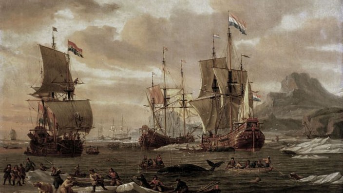 Gemälde: Schiffe mit niederländischer Flagge in einer Bucht