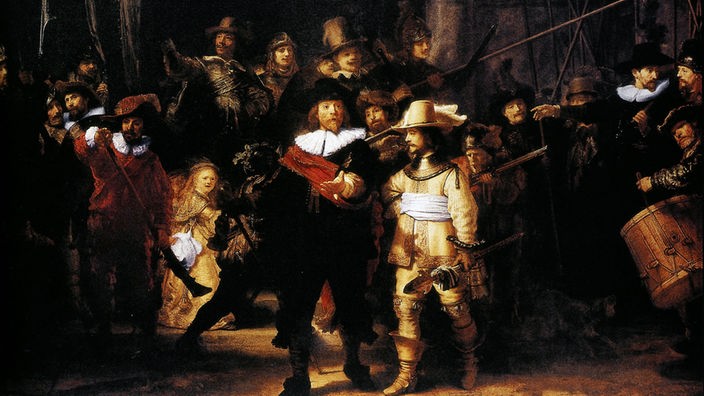 Das Gemälde zeigt in der Mitte zwei Männer in Uniform. Im Hintergrund stehen viele weitere Männer in verschiedenen Uniformen; sie sind teils mit Gewehren bewaffnet.