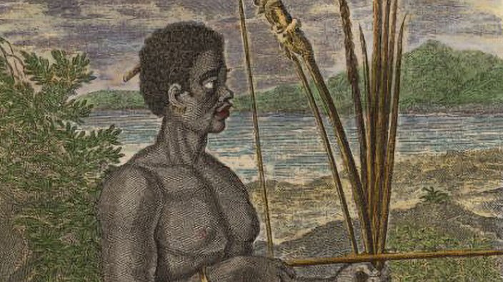 Zeichnung: dunkelhäutiger Mann mit Lendenschurz sowie Pfeil und Bogen