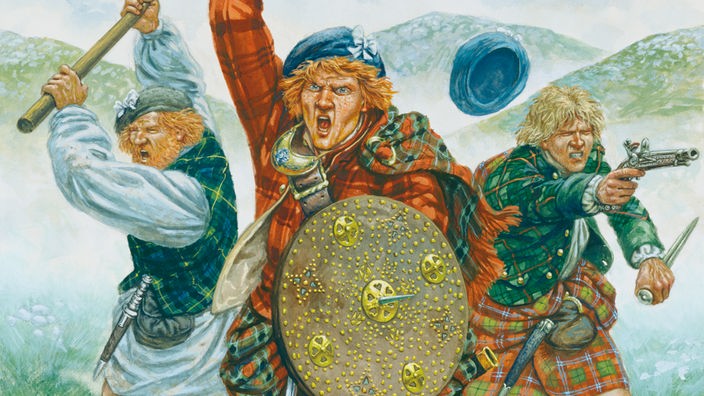 Ein Gemälde von Giuseppe Rada zeigt den Angriff von drei Highlandern bei Culloden