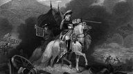 Schwarzweiß-Zeichnung eines Heerführers zu Pferde inmitten einer Schlacht mit gefallenen Soldaten und Angreifern.