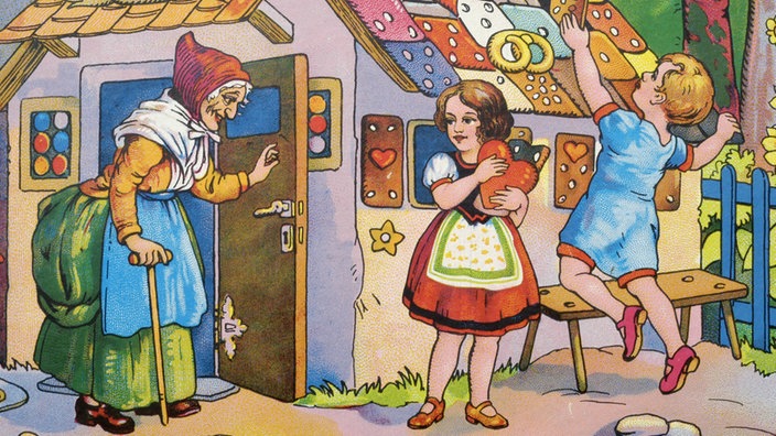 Hänsel und Gretel essen von dem Knusperhäuschen der Hexe. | Bildquelle: imago Hänsel und Gretel essen von dem Knusperhäuschen der Hexe.