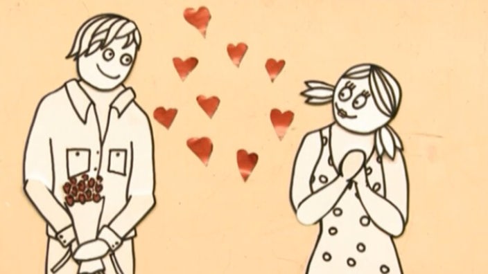 Zeichnung: Mann und Frau schauen sich verliebt an und Herzchen schwirren um sie herum.