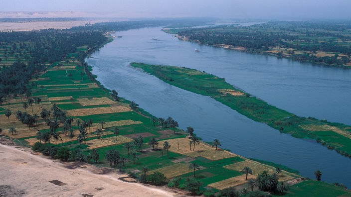 Luftaufnahme vom Nil, Feldern und Wüste dahinter