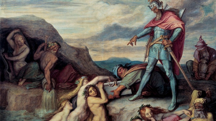 Gemälde: Hagen versenkt Nibelungenhort | Bildquelle: akg Gemälde: Hagen versenkt Nibelungenhort