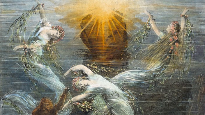 Gemälde, auf dem drei leicht bekleidete Frauen und zwei Fische um einen gold blinkenden Schatz herum schwimmen.