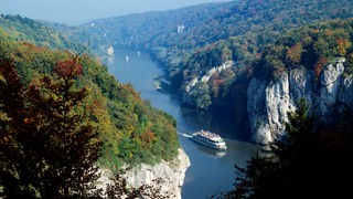 Blick von oben auf die Donau bei Kelheim, deren Lauf von hohen Felswänden begrenzt wird.