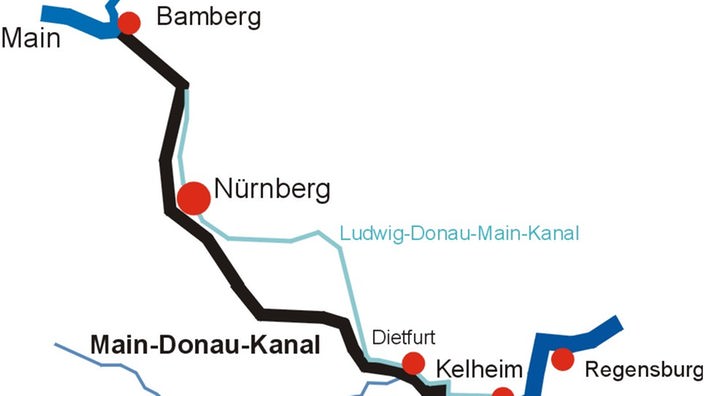 Eine Skizze zeigt den Verlauf des Main-Donau-Kanals zwischen Bamberg und Kelheim. Er bewegt sich zum Teil im Verlauf des früheren 'Ludwig-Donau-Main-Kanals' und der Altmühl.