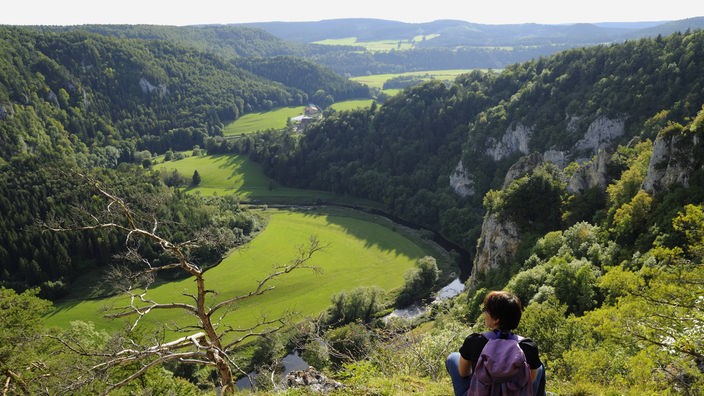 Ein Wanderer blickt von oben auf die Obere Donau, die sich durch ein enges Tal windet.