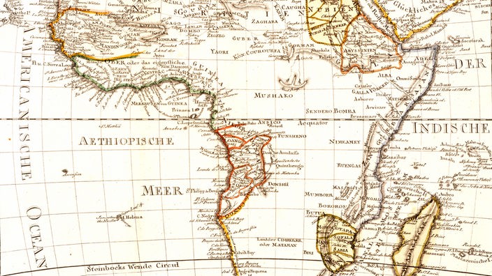 Karte von Afrika, auf der im Landesinneren wenig eingezeichnet ist.
