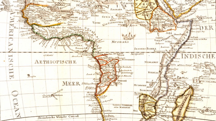 Karte von Afrika, auf der im Landesinneren wenig eingezeichnet ist. | Bildquelle: akg-images Karte von Afrika, auf der im Landesinneren wenig eingezeichnet ist.