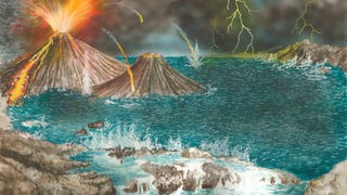 Meer im Präkambrium mit feuerspuckenden Vulkanen und Blitzen