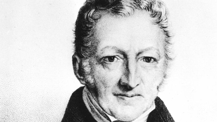 Schwarz-weißes Portrait des Philosophem Thomas Malthus.