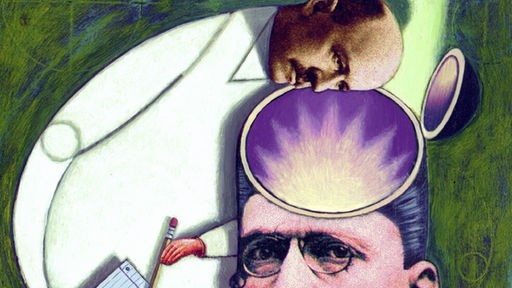 Zeichnung: Forscher guckt Mann in einen aufgeklappten Kopf