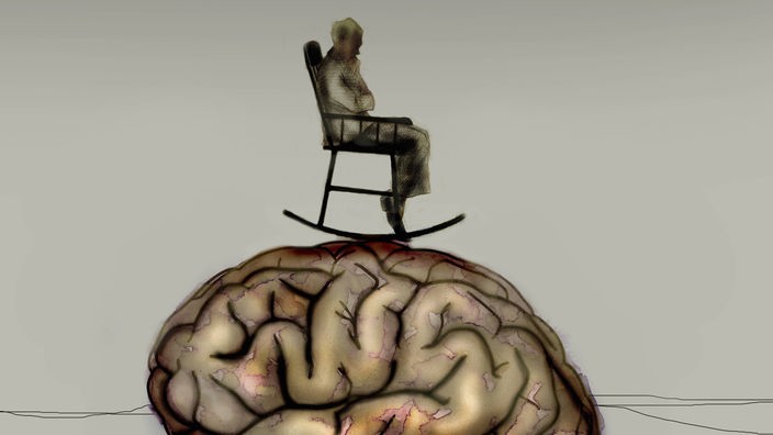 Zeichnung eines Gehirns, auf dem ein alter Mann im Schaukelstuhl sitzt.