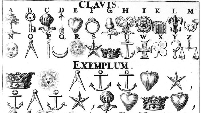 Chiffrier- und Dechiffrier-Tabelle mit Symbolen wie Baum und Schlüssel