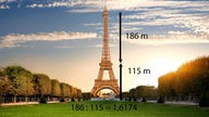 Eiffelturm in Paris mit Zahlen und der Rechnung "186 : 115= 1,6174"