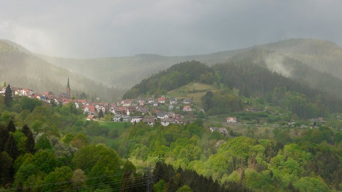 Schwarzwaldpanorama mit Ortschaft und Dunstwolken.