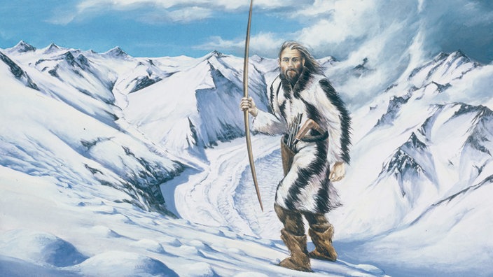 Ein Aquarell mit der Rekonstruktion des Similaun-Mannes (Ötzi). | Bildquelle: akg / Johann Brandstetter Ein Aquarell mit der Rekonstruktion des Similaun-Mannes (Ötzi).