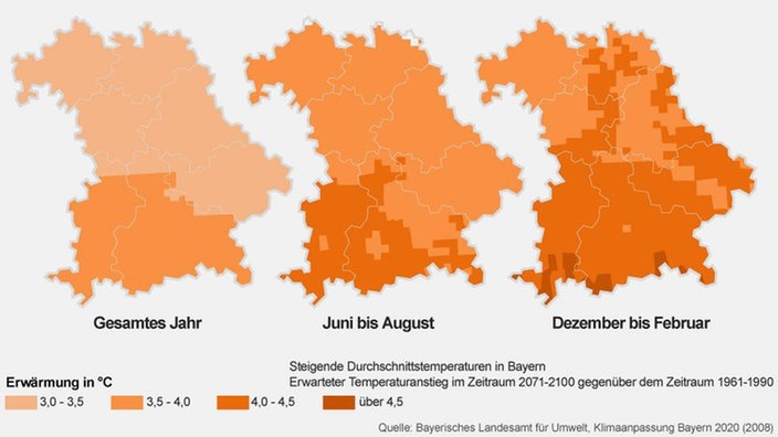 Prognose steigende Durchschnittstemperatur Bayern | Bildquelle: BR Prognose steigende Durchschnittstemperatur Bayern