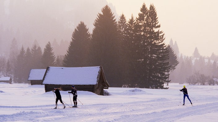 In einer Winterlandschaft fahren ein paar Langläufer vor zugeschneiten Hütten her.