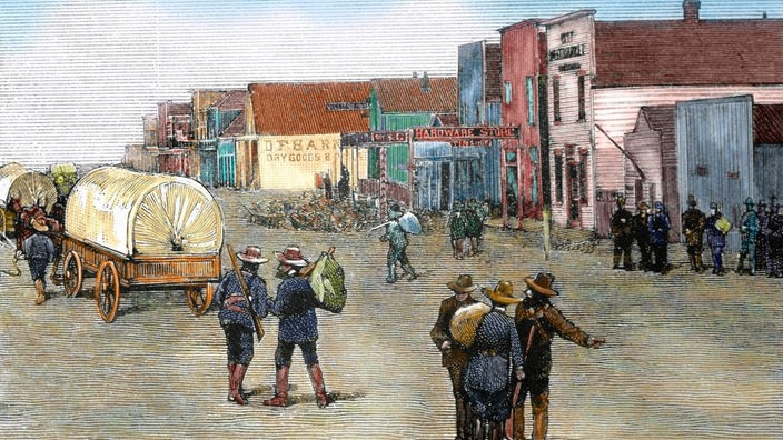 Die Zeichnung "Main Street after the land rush, 1889" zeigt die Hauptstraße eines kleinen Dorfes in Oklahoma 1889