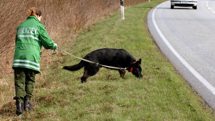 Eine Polizeibeamtin sucht mit ihrem Hund an einem Parkplatz nach Spuren. | Bildquelle: dpa Eine Polizeibeamtin sucht mit ihrem Hund an einem Parkplatz nach Spuren.