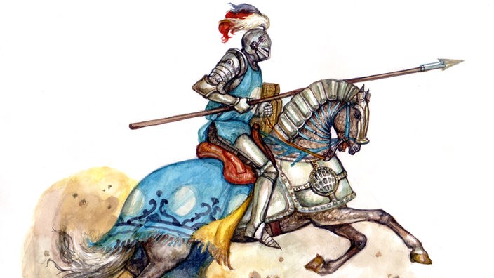 Zeichnung eines Ritters in eiserner Rüstung auf einem Pferd, das ebenfalls eine Rüstung trägt