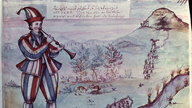 Eine farbige Illustration aus dem Jahre 1592 zeigt die Geschichte um den Rattenfänger von Hameln. Links groß im Bild der Rattenfänger, rechts von ihm die Stadt Hameln, der Fluss Weser, die ausziehenden Kinder und ein Berg mit Höhle.
